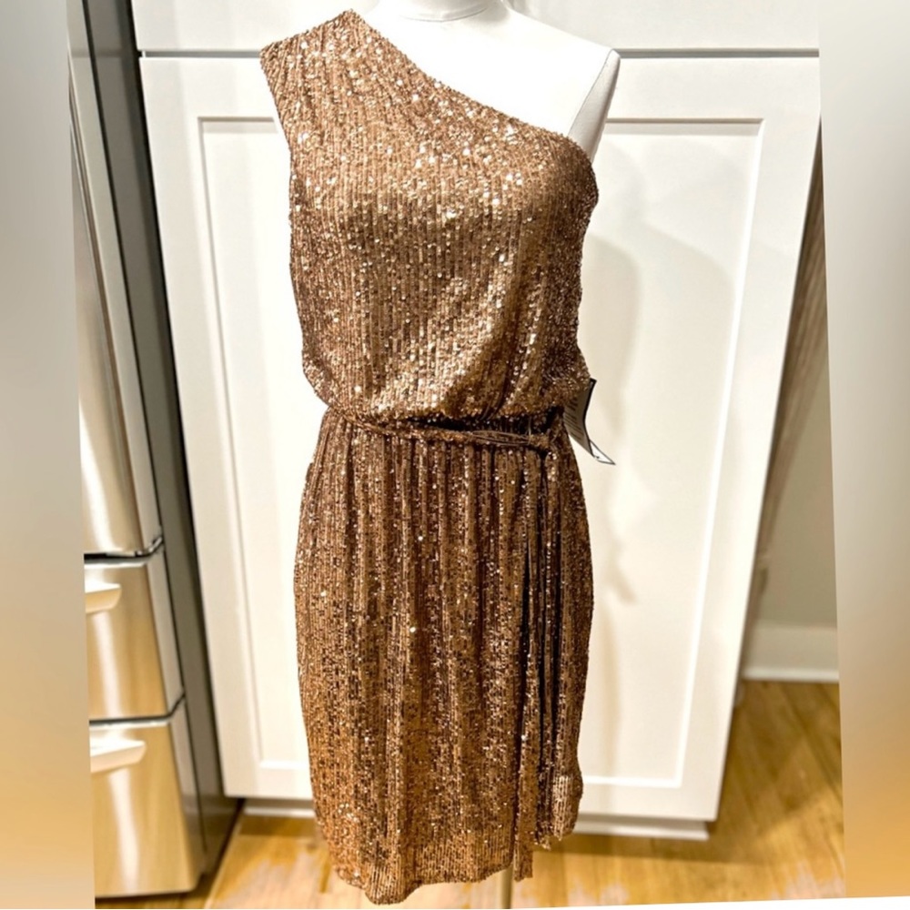 NWT NightWay Gold Sequined Single Shoulder Dress